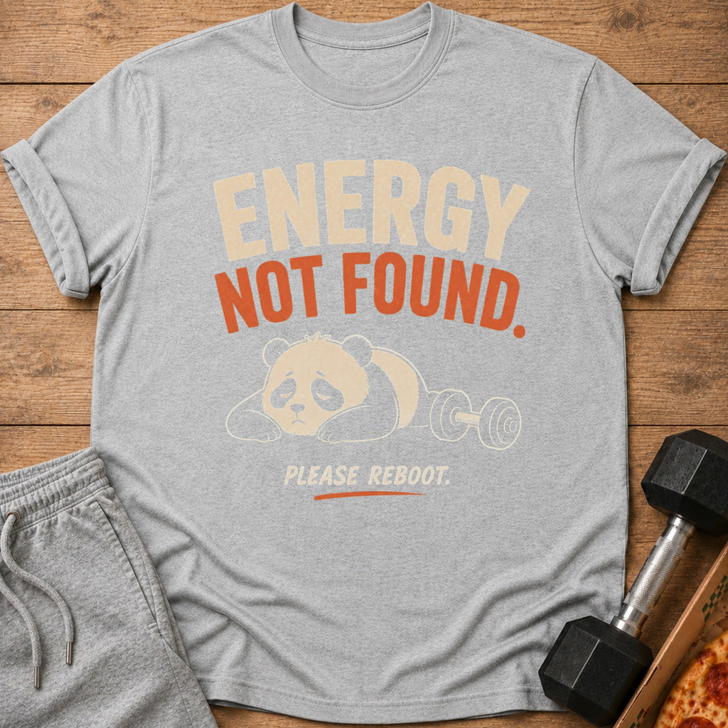 Grey t-shirt with "ENERGY NOT FOUND. PLEASE REBOOT." text and sleeping panda graphic.