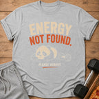 Grey t-shirt with "ENERGY NOT FOUND. PLEASE REBOOT." text and sleeping panda graphic.