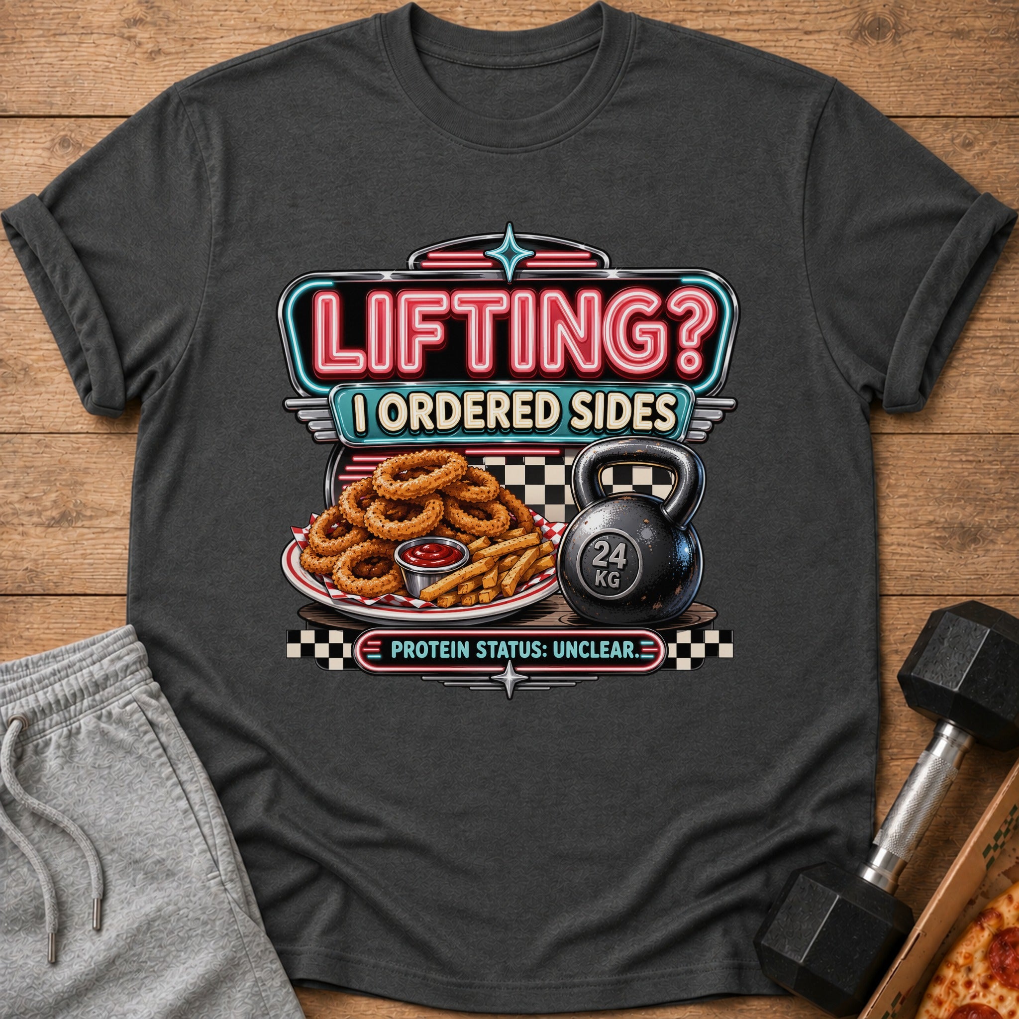T-shirt graphic with "Lifting? I Ordered Sides" and "Protein Status: Unclear."
