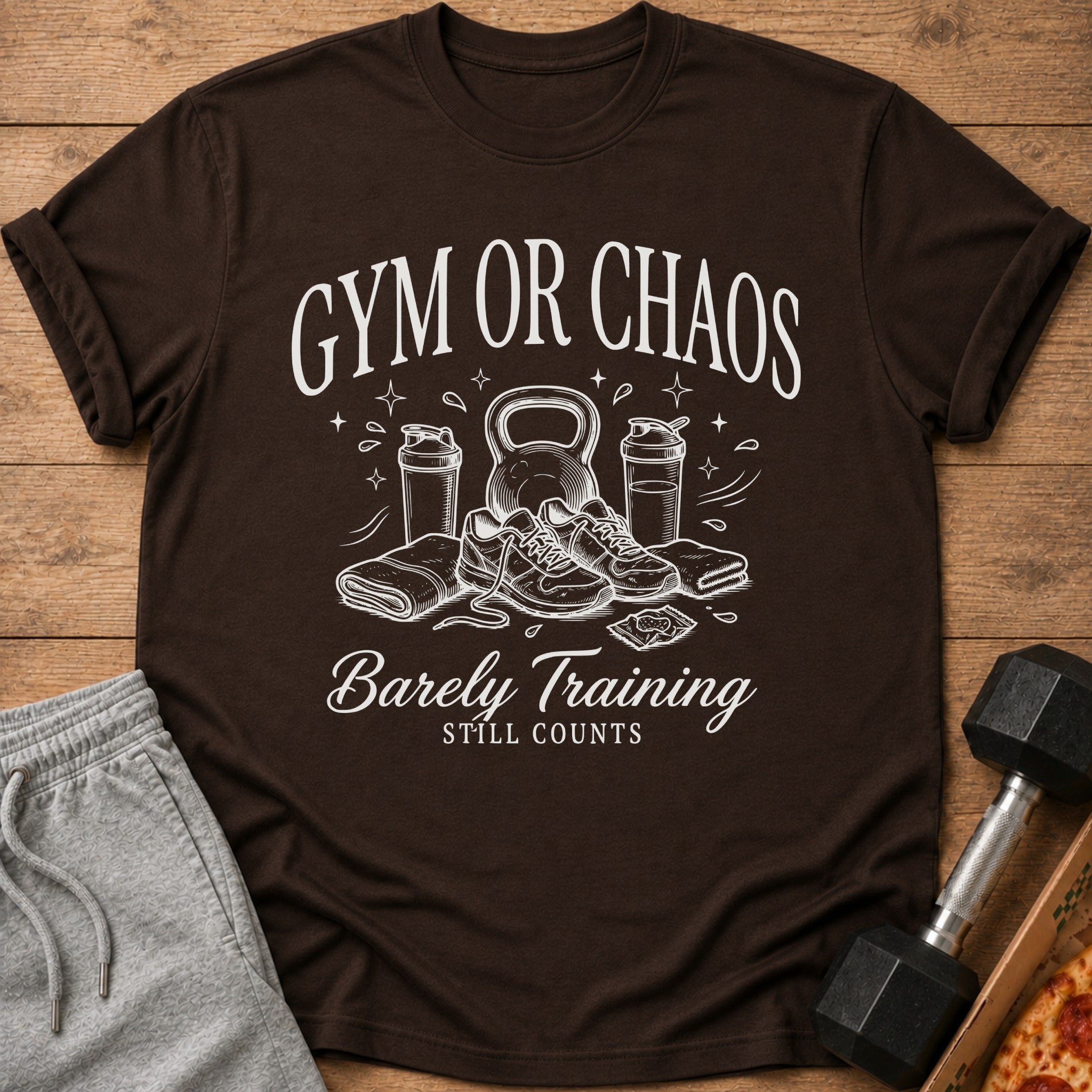 Brown t-shirt with "Gym or Chaos Barely Training Still Counts" graphic.