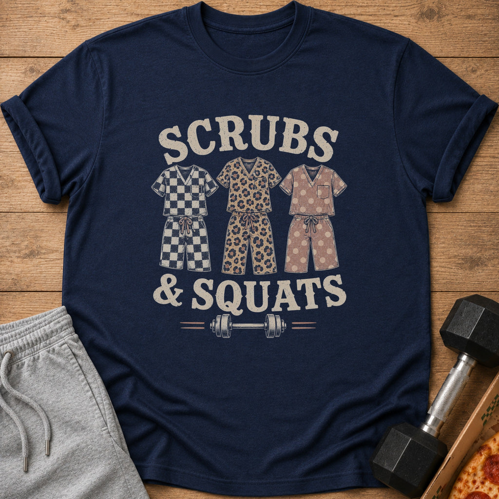 Navy t-shirt with "Scrubs & Squats" text and three pajama sets.