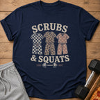 Navy t-shirt with "Scrubs & Squats" text and three pajama sets.