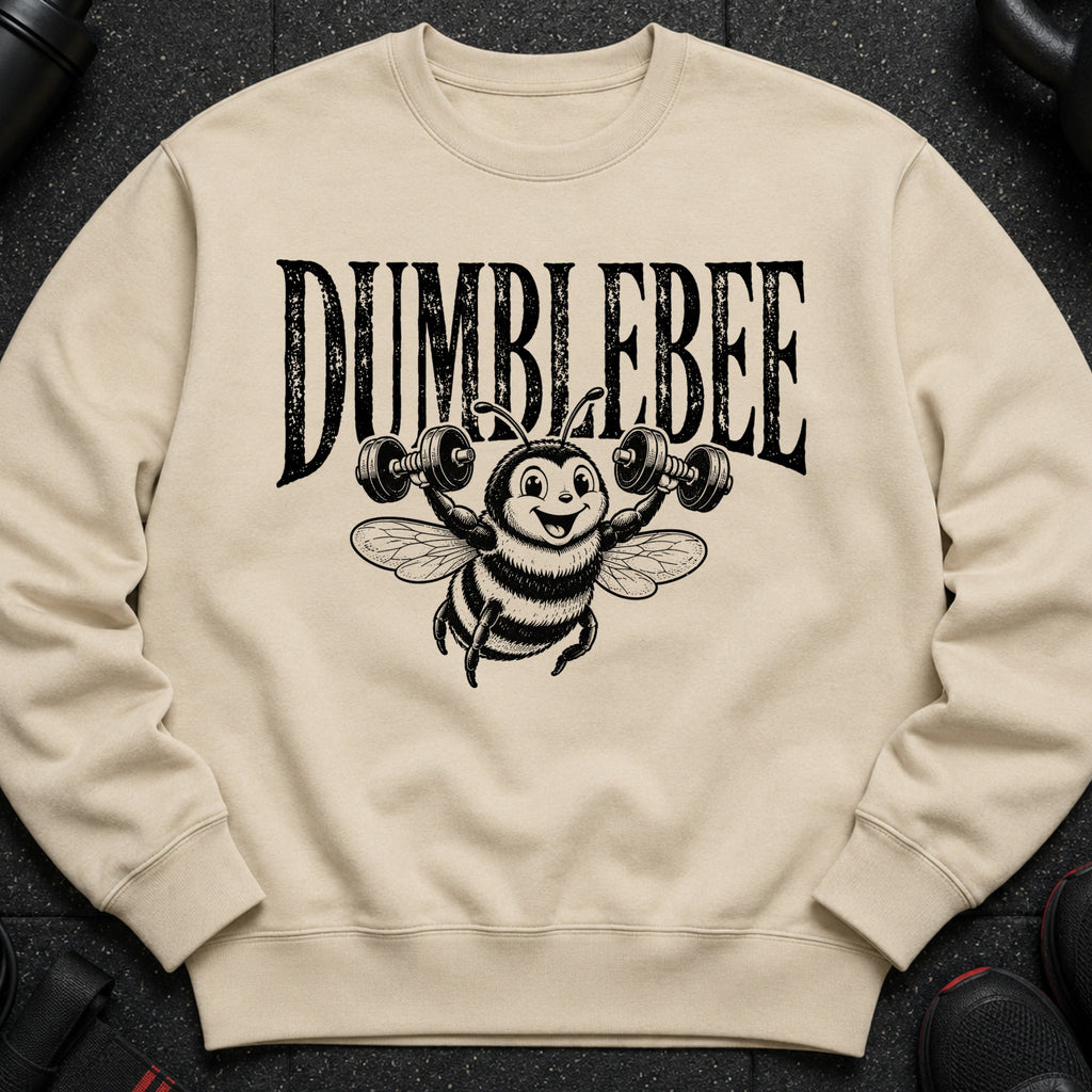 Crewneck sweatshirt with black "DUMBLEBEE" text and cartoon bee lifting dumbbells.
