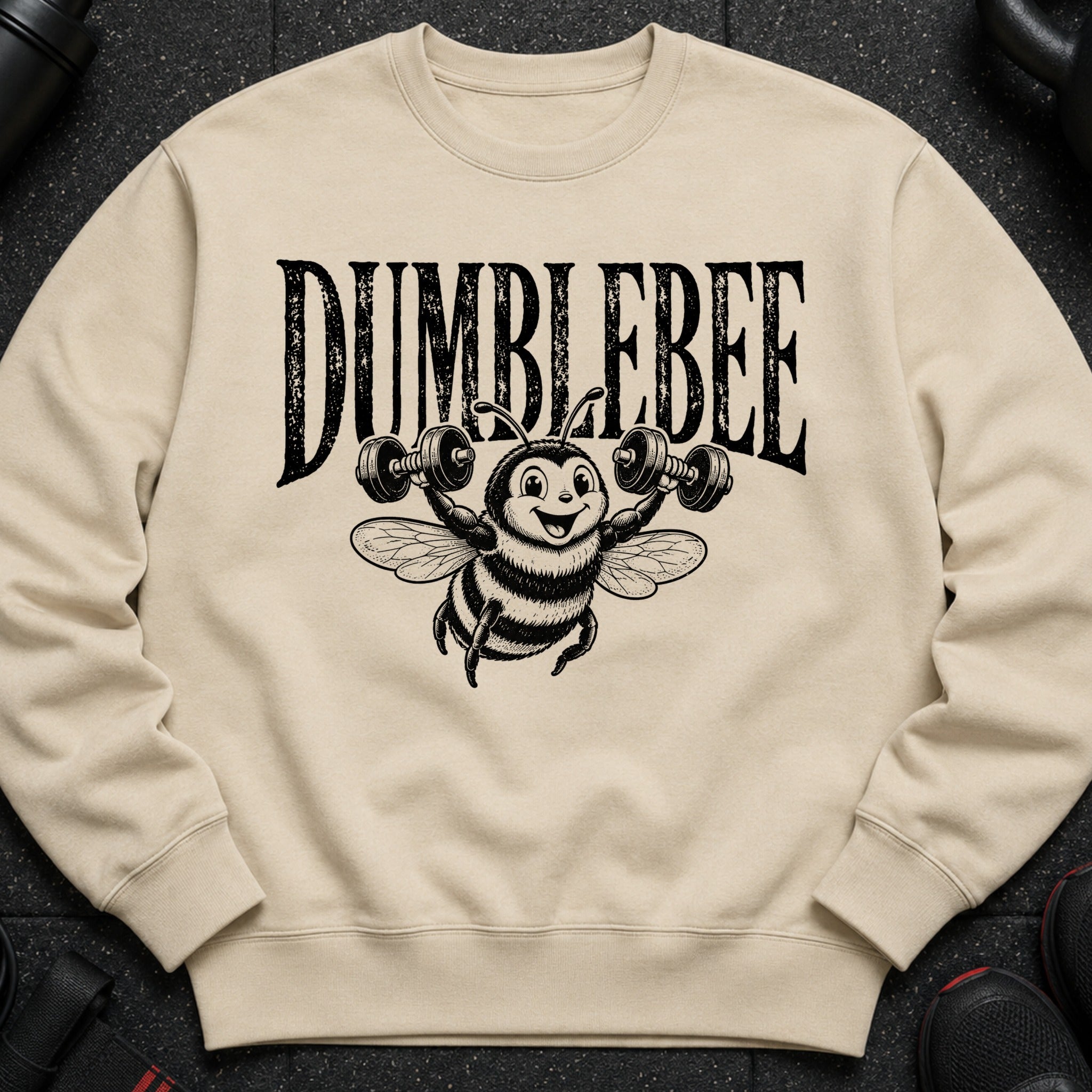Crewneck sweatshirt with black "DUMBLEBEE" text and cartoon bee lifting dumbbells.