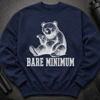 Navy sweatshirt featuring a distressed graphic of a bear holding a dumbbell, with text "BARE MINIMUM".
