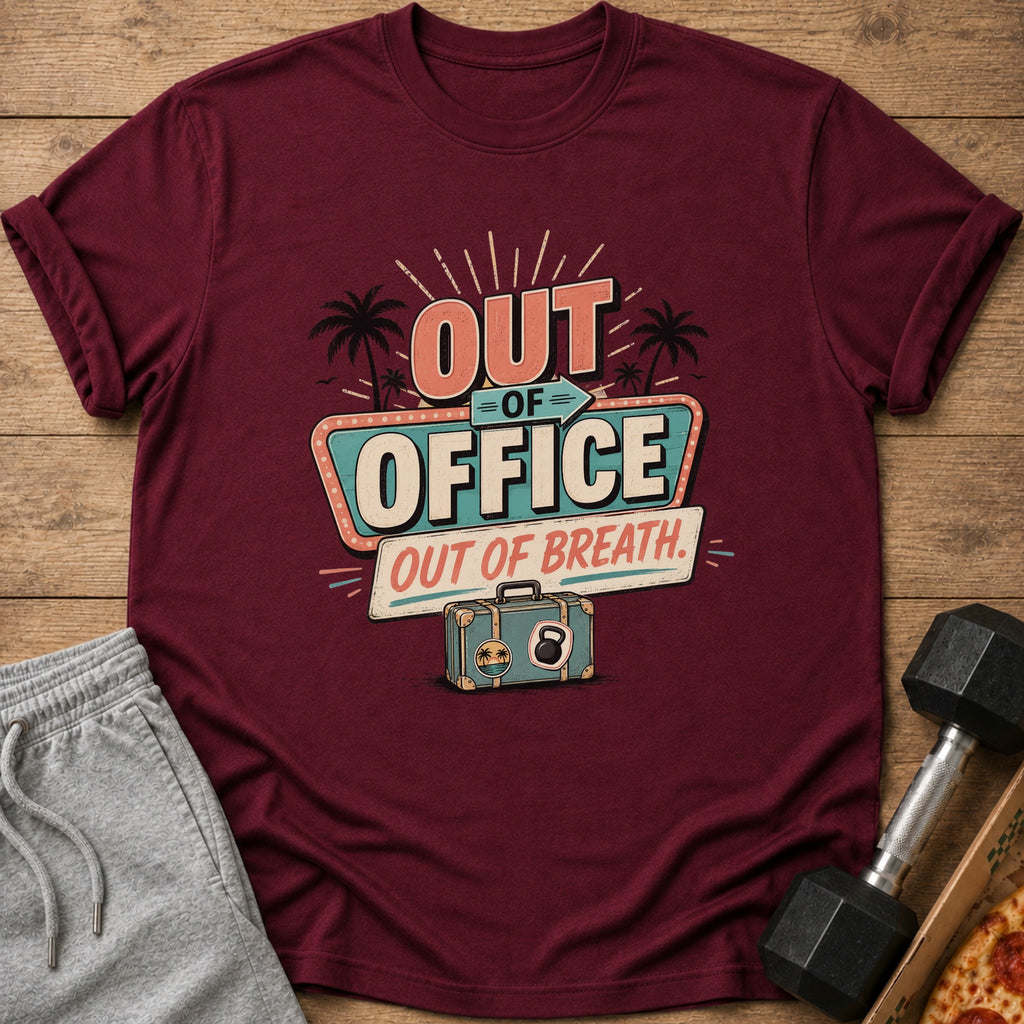 Maroon t-shirt with "Out of Office, Out of Breath" graphic and a vintage suitcase.