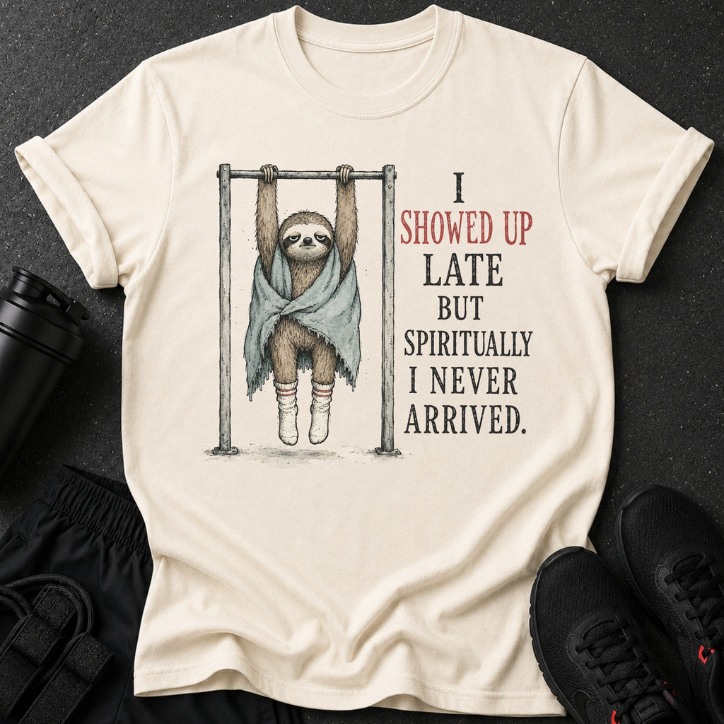 Cream t-shirt with sloth on pull-up bar and text "I showed up late but spiritually I never arrived."