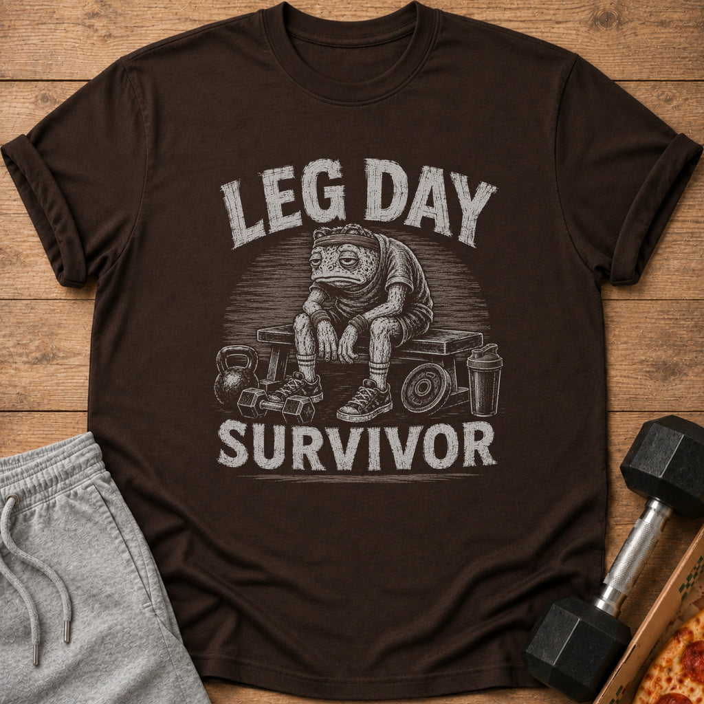 Brown t-shirt with "LEG DAY SURVIVOR" text and tired frog graphic.
