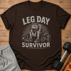 Brown t-shirt with "LEG DAY SURVIVOR" text and tired frog graphic.