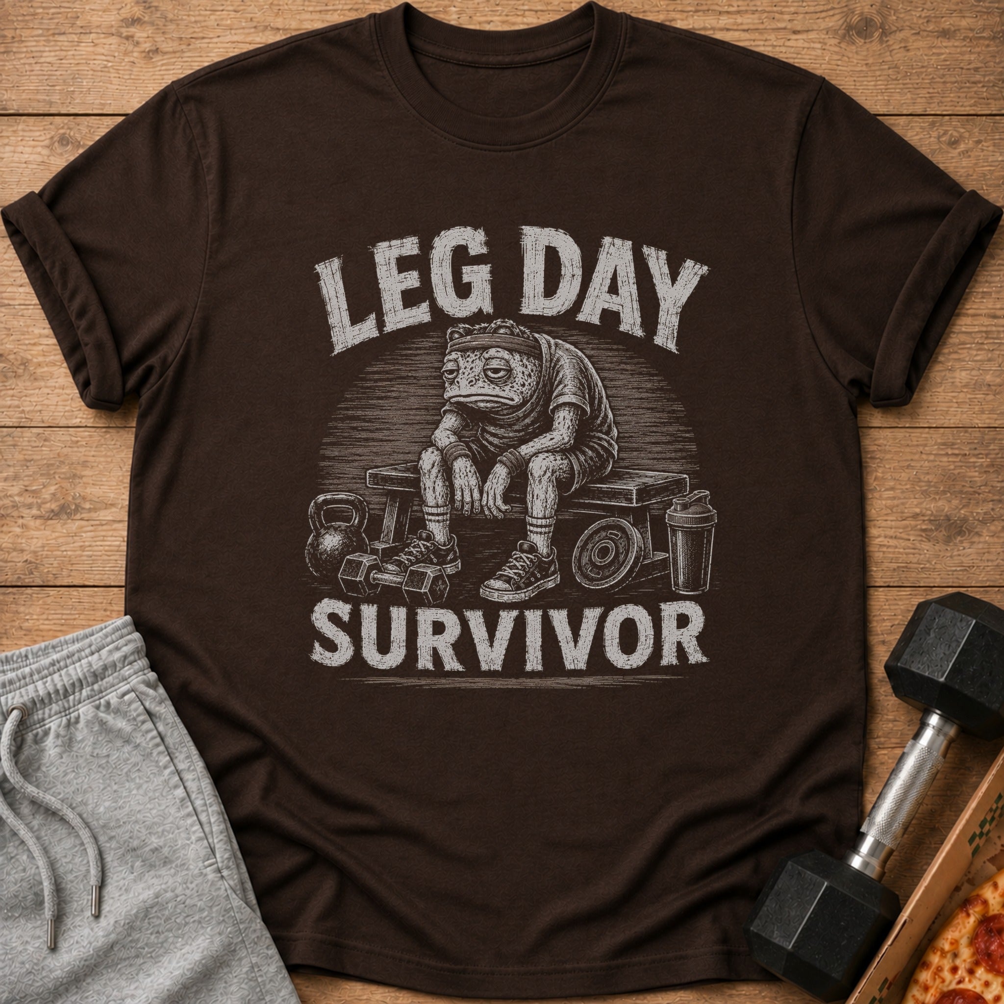 Brown t-shirt with "LEG DAY SURVIVOR" text and tired frog graphic.