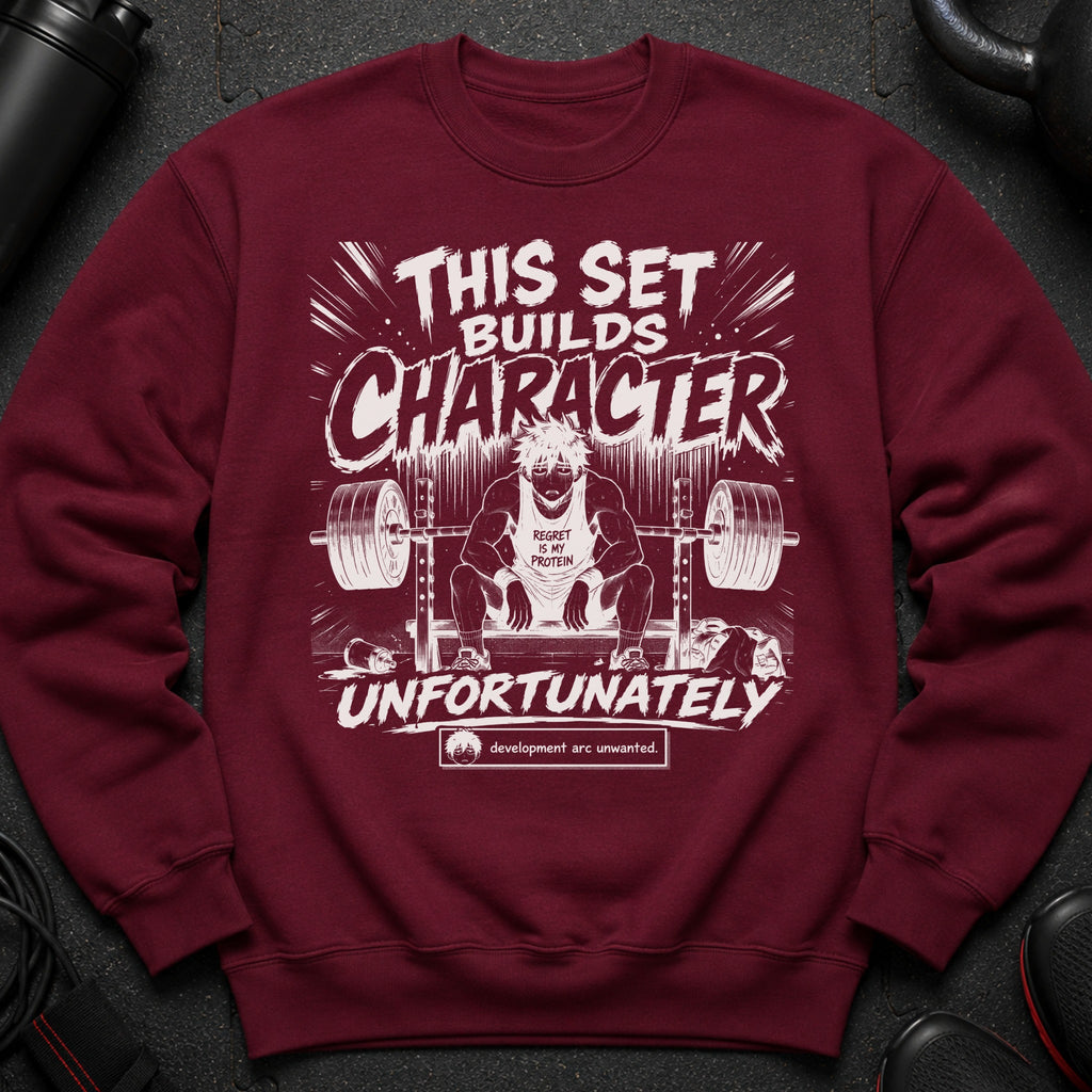 Maroon sweatshirt with white text and anime-style illustration of a man squatting with a barbell.