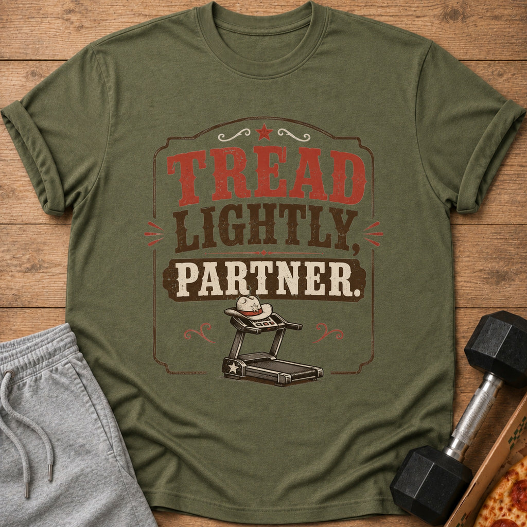 Olive green t-shirt with "Tread Lightly, Partner." text and a treadmill with a cowboy hat.