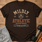 Brown t-shirt with "MILDLY ATHLETIC DEPARTMENT TRYING MY BEST" text and sloth graphic.