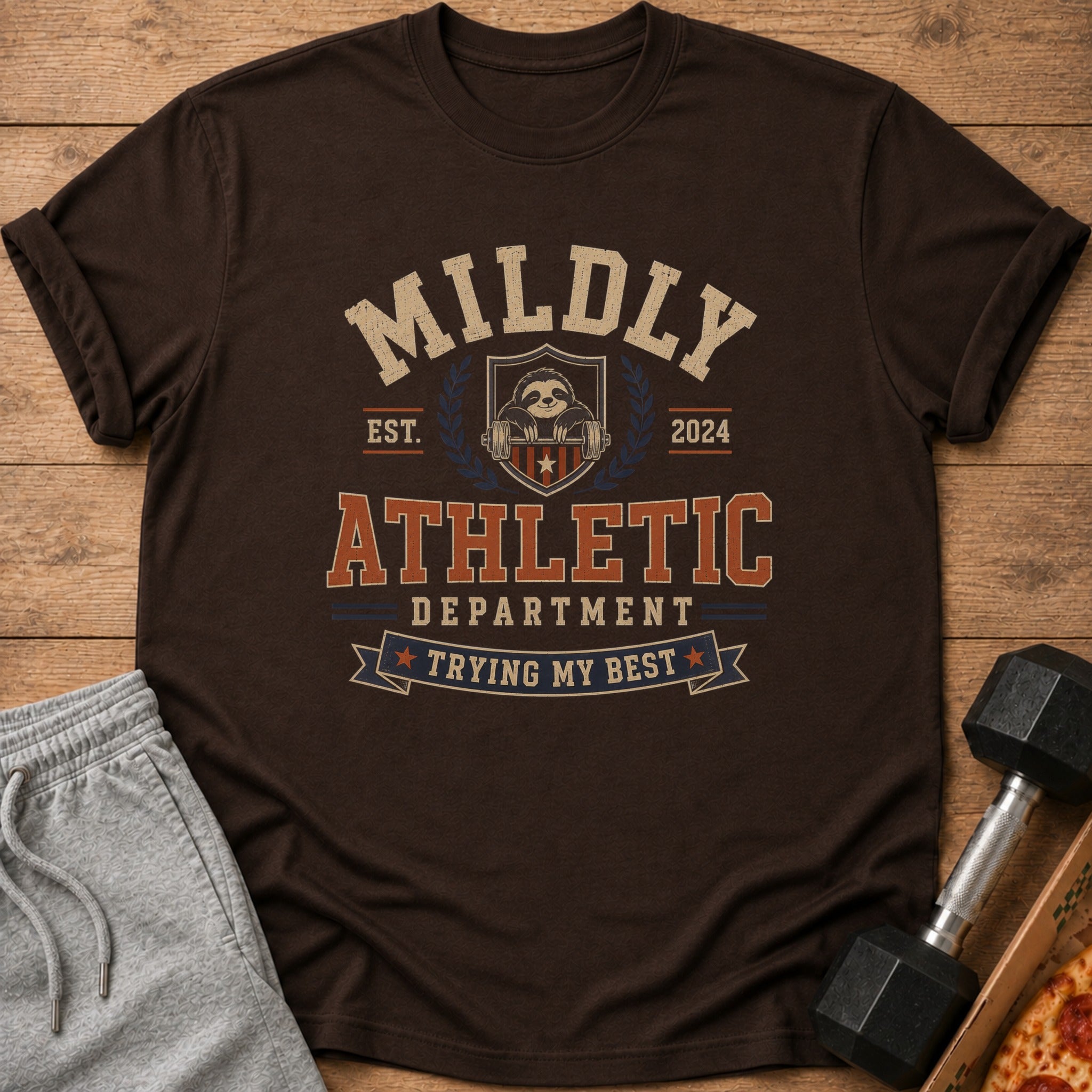 Brown t-shirt with "MILDLY ATHLETIC DEPARTMENT TRYING MY BEST" text and sloth graphic.
