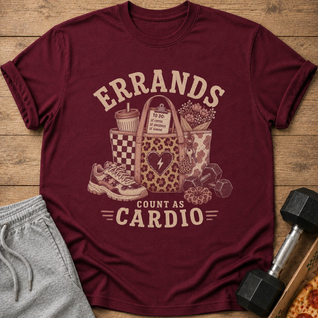 Maroon t-shirt with "Errands Count As Cardio" text and workout-themed graphics.