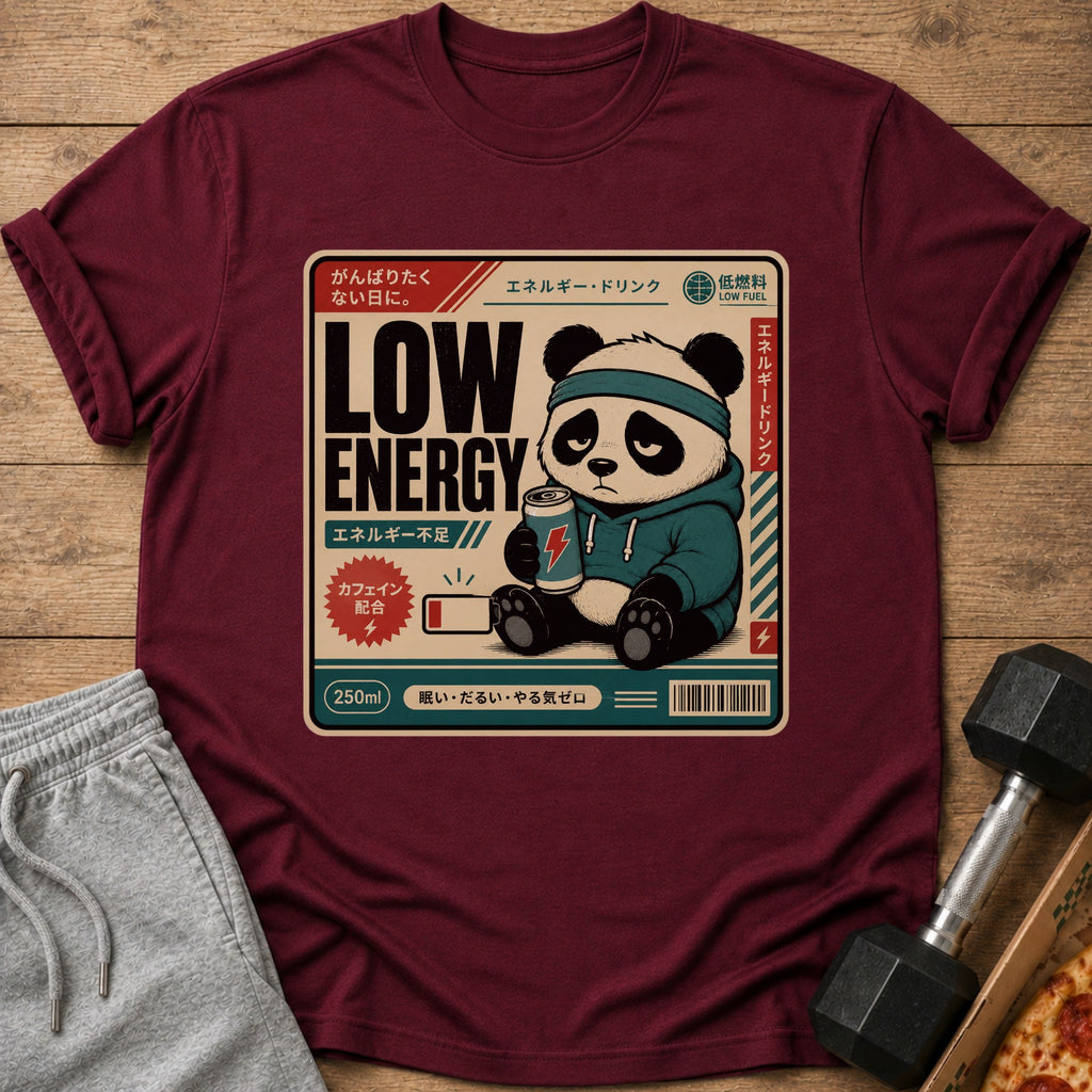 Maroon t-shirt with a graphic of a sad panda holding a drink, featuring Japanese text.