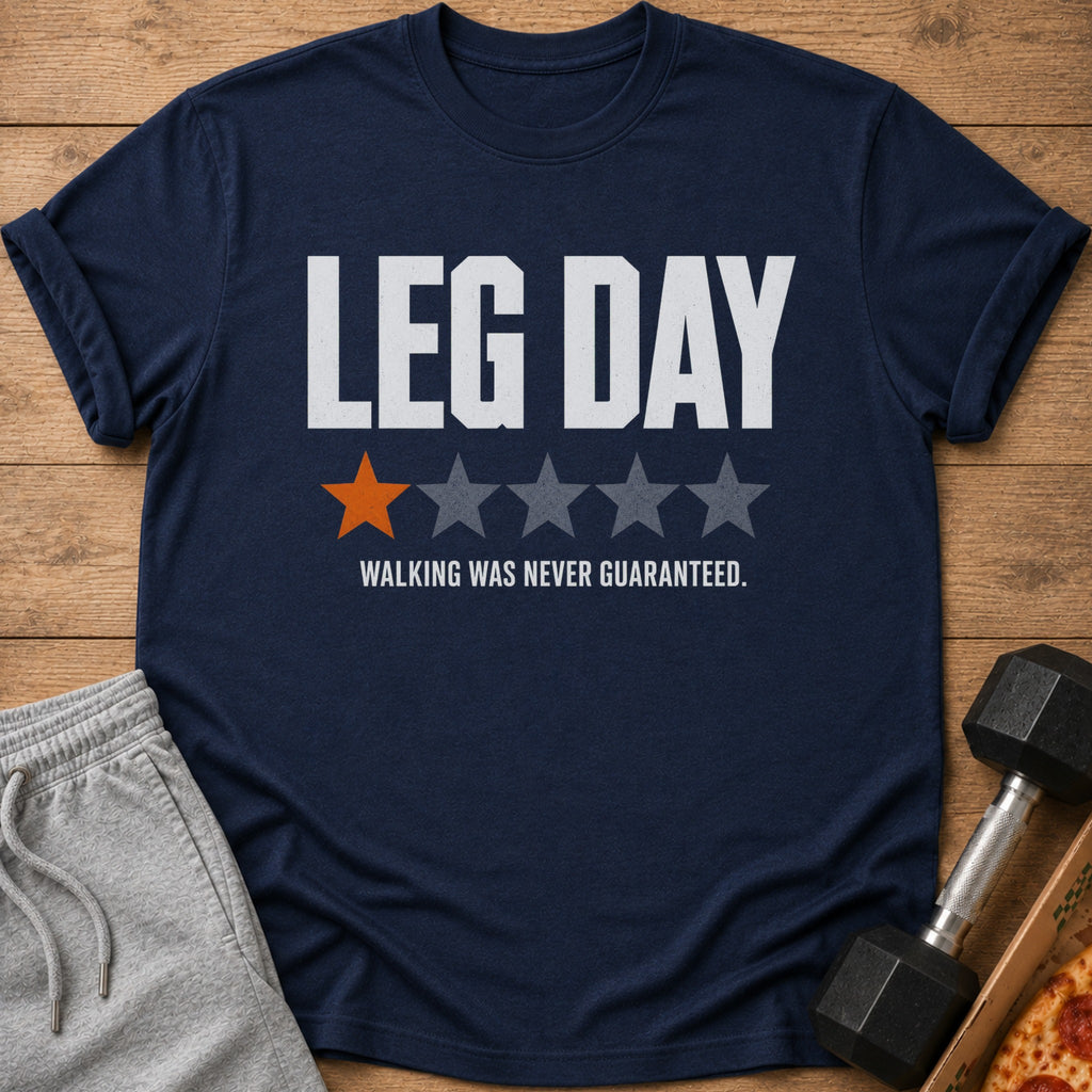 Navy t-shirt with "LEG DAY" text, one orange star, and four gray stars.