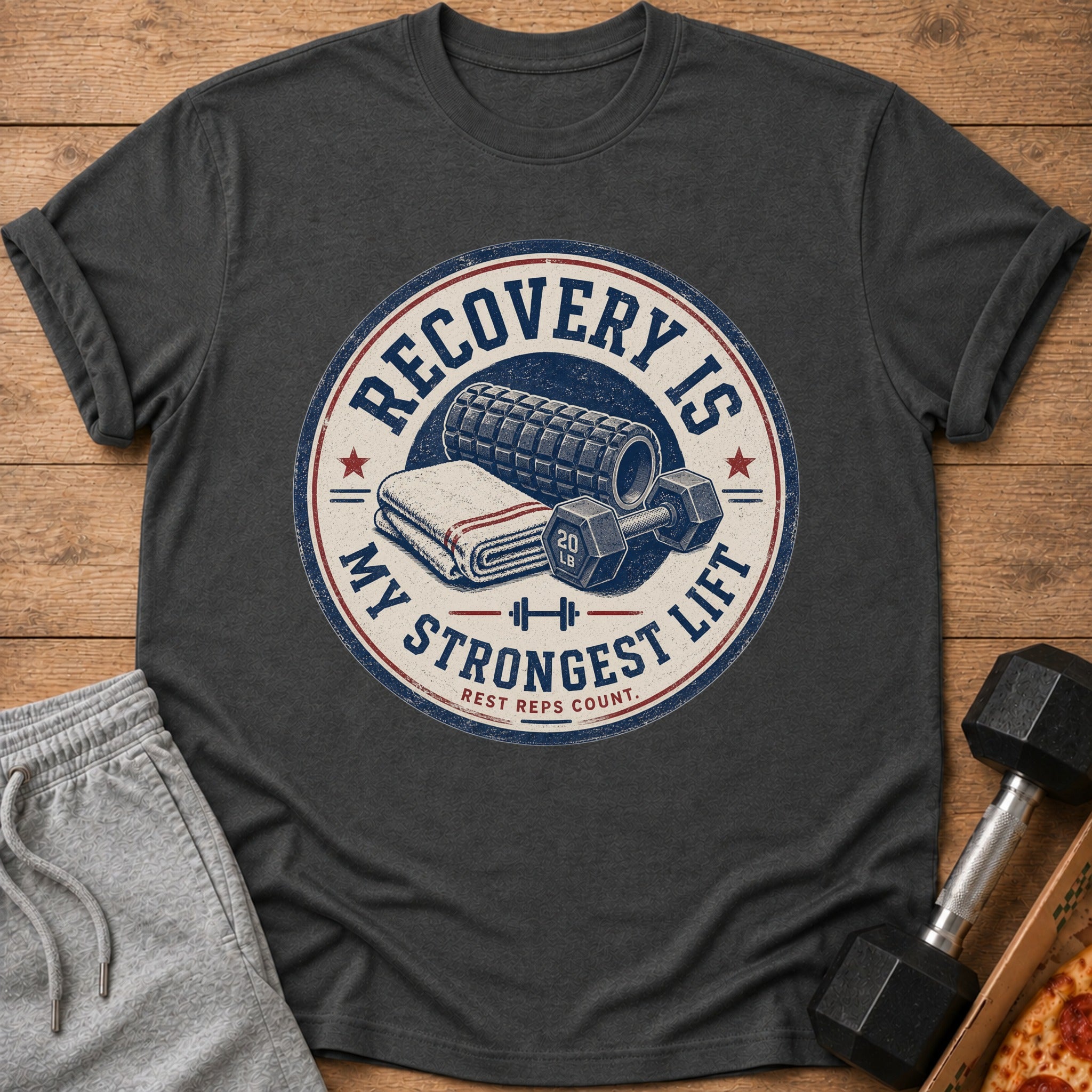 Dark grey t-shirt graphic: "Recovery is my strongest lift. Rest reps count."