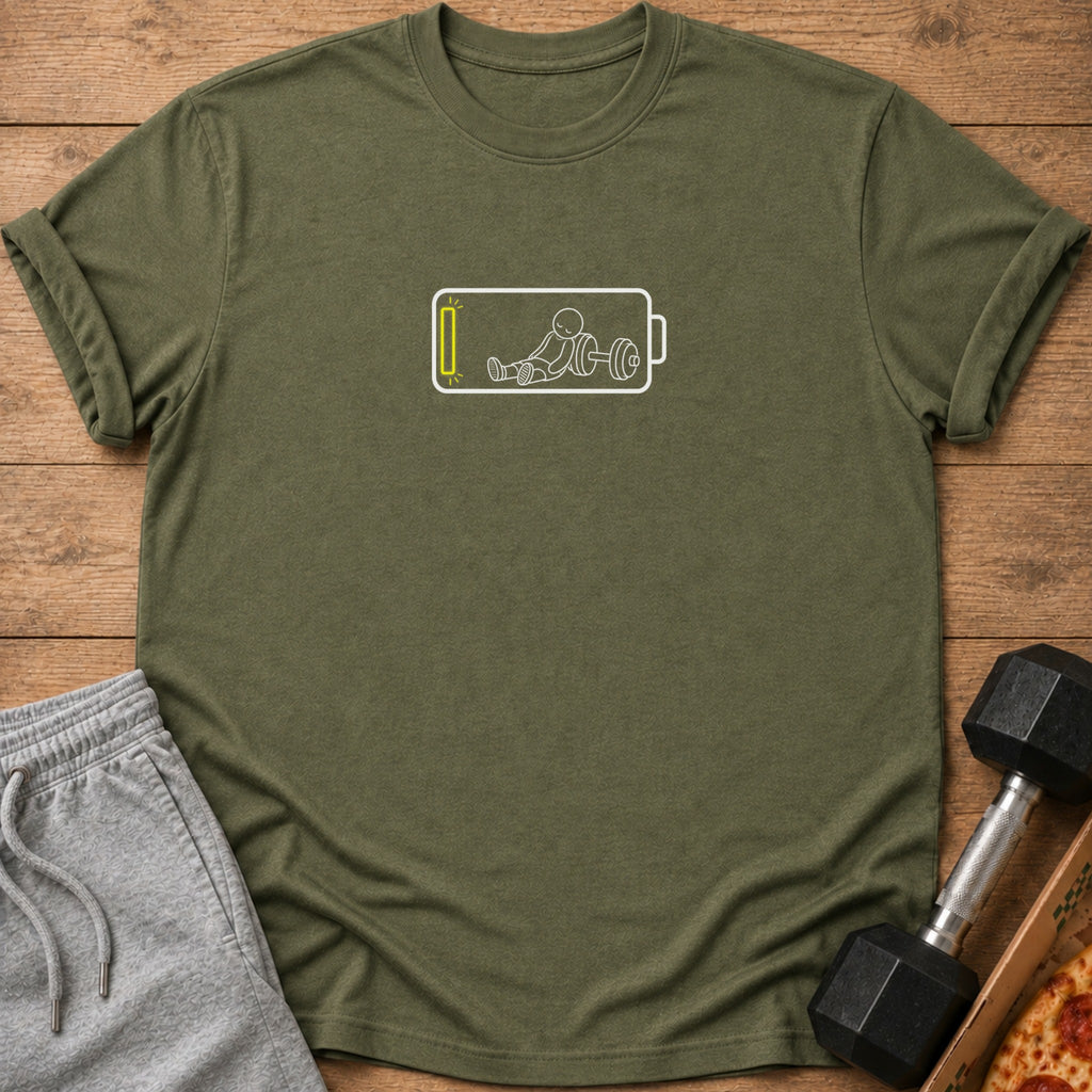 Olive green t-shirt with a low battery symbol graphic featuring a stick figure lifting weights.
