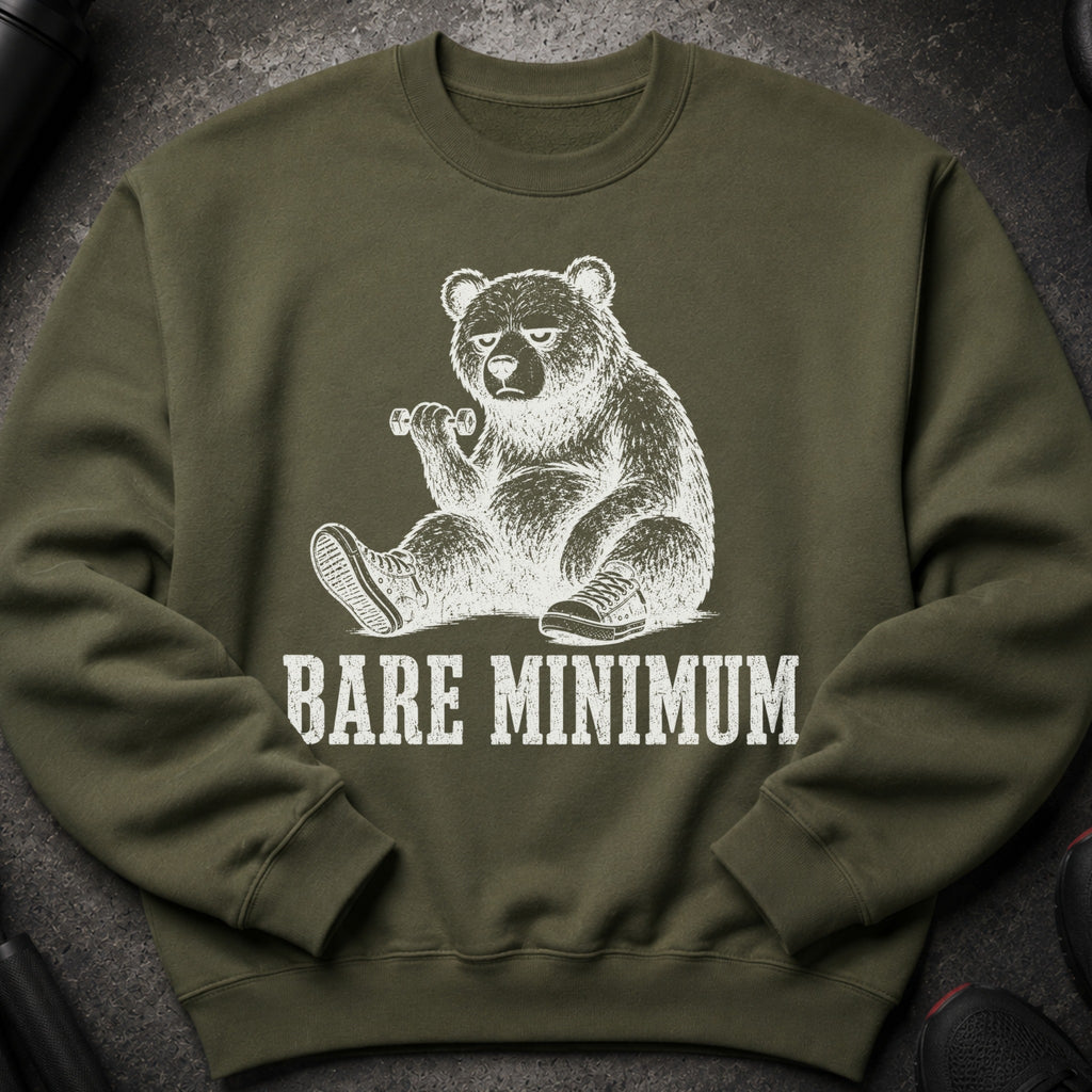 Olive sweatshirt with a distressed white graphic of a bear lifting a dumbbell, text reads "BARE MINIMUM".