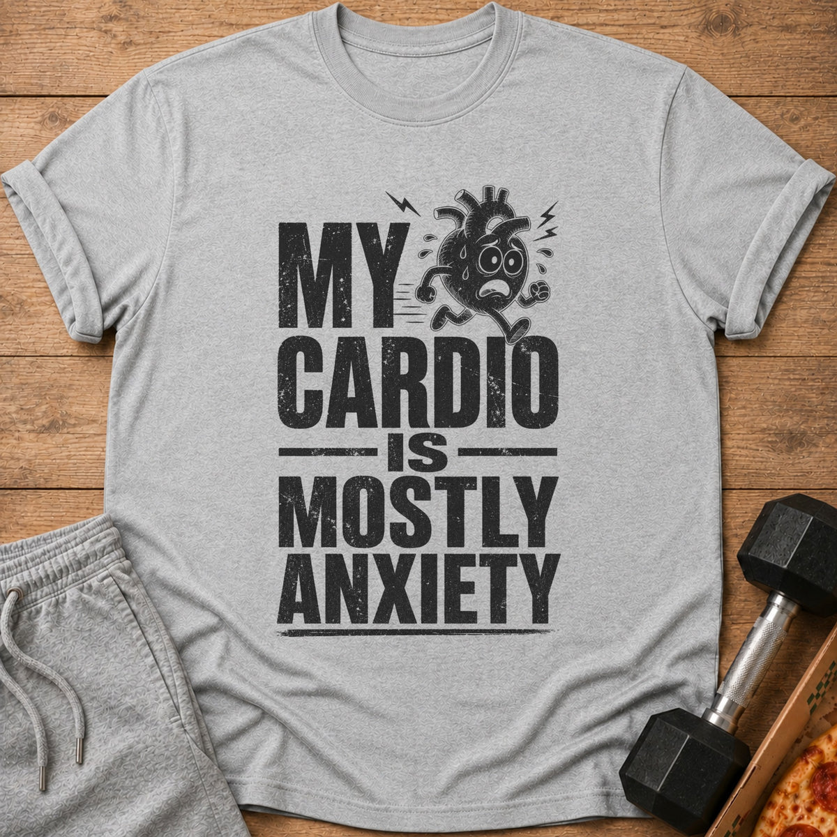 Grey t-shirt with distressed black text and graphic of a running heart.