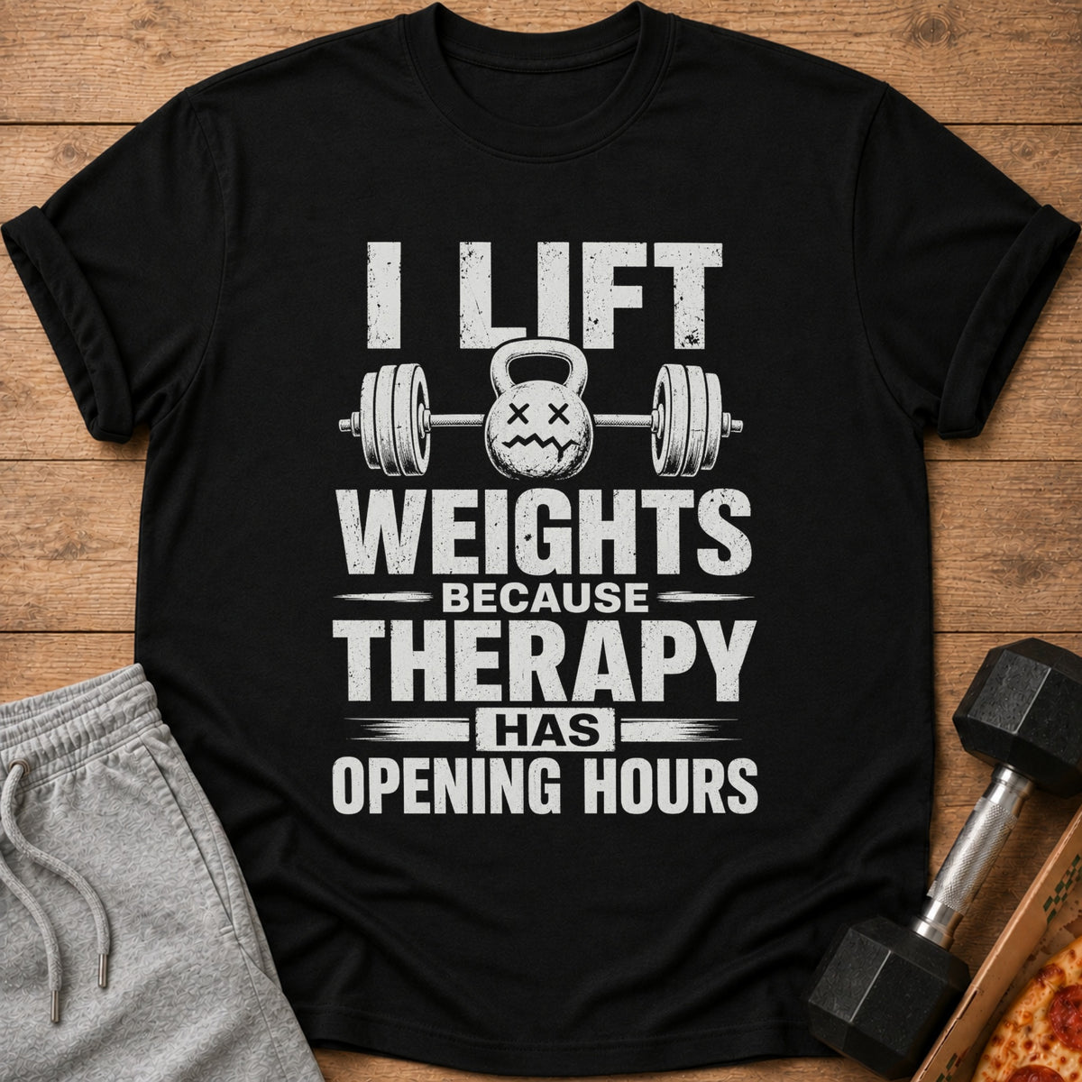 Black t-shirt with "I lift weights because therapy has opening hours" text and kettlebell graphic.