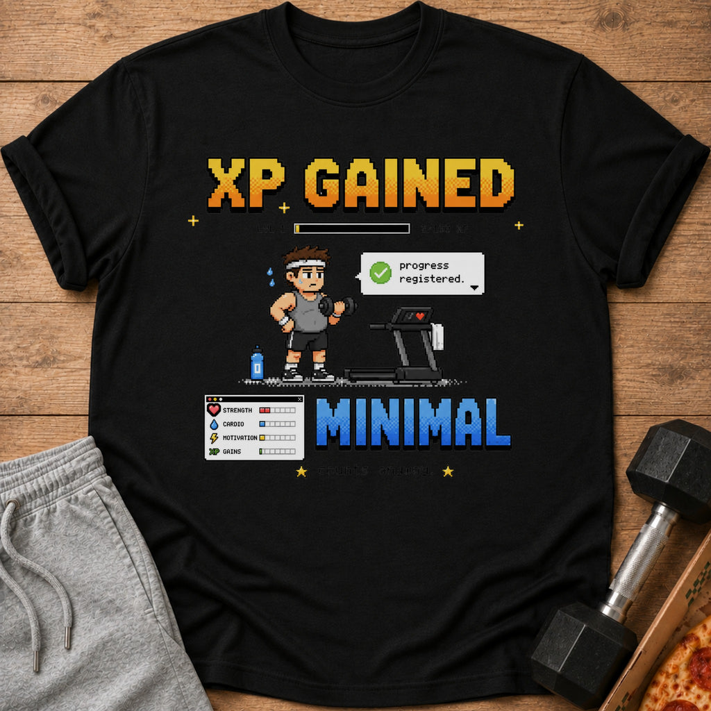 Black t-shirt with pixel art of a person on a treadmill and "XP GAINED" text.