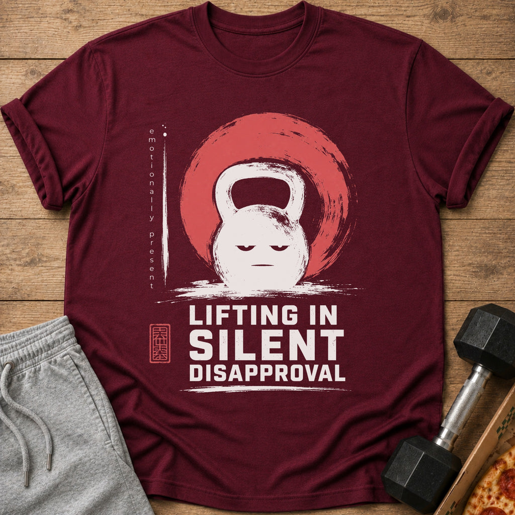 Maroon t-shirt with a kettlebell graphic and "Lifting in Silent Disapproval" text.