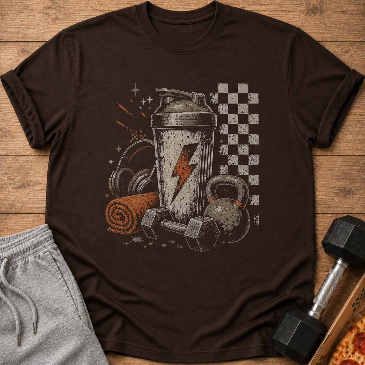 Brown t-shirt featuring a graphic of a shaker bottle, dumbbells, headphones, and a kettlebell.