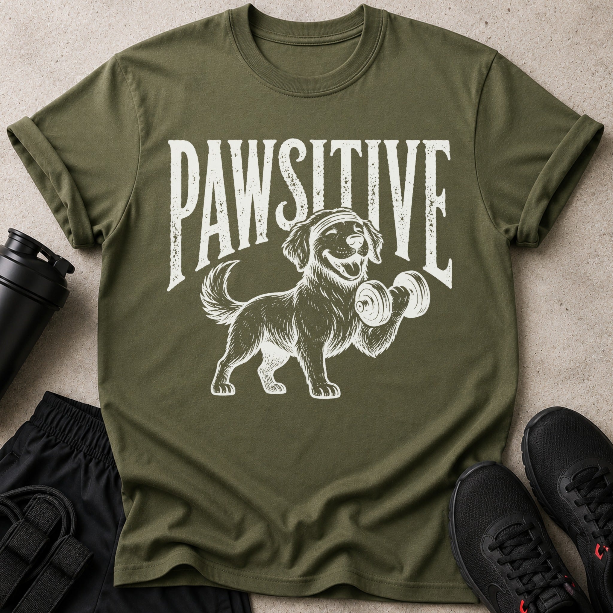 Green t-shirt with a dog lifting a dumbbell and text "PAWSITIVE".