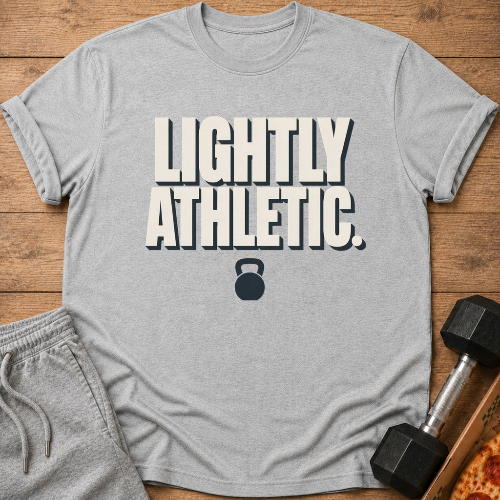 Grey t-shirt with "Lightly Athletic" text and kettlebell graphic.
