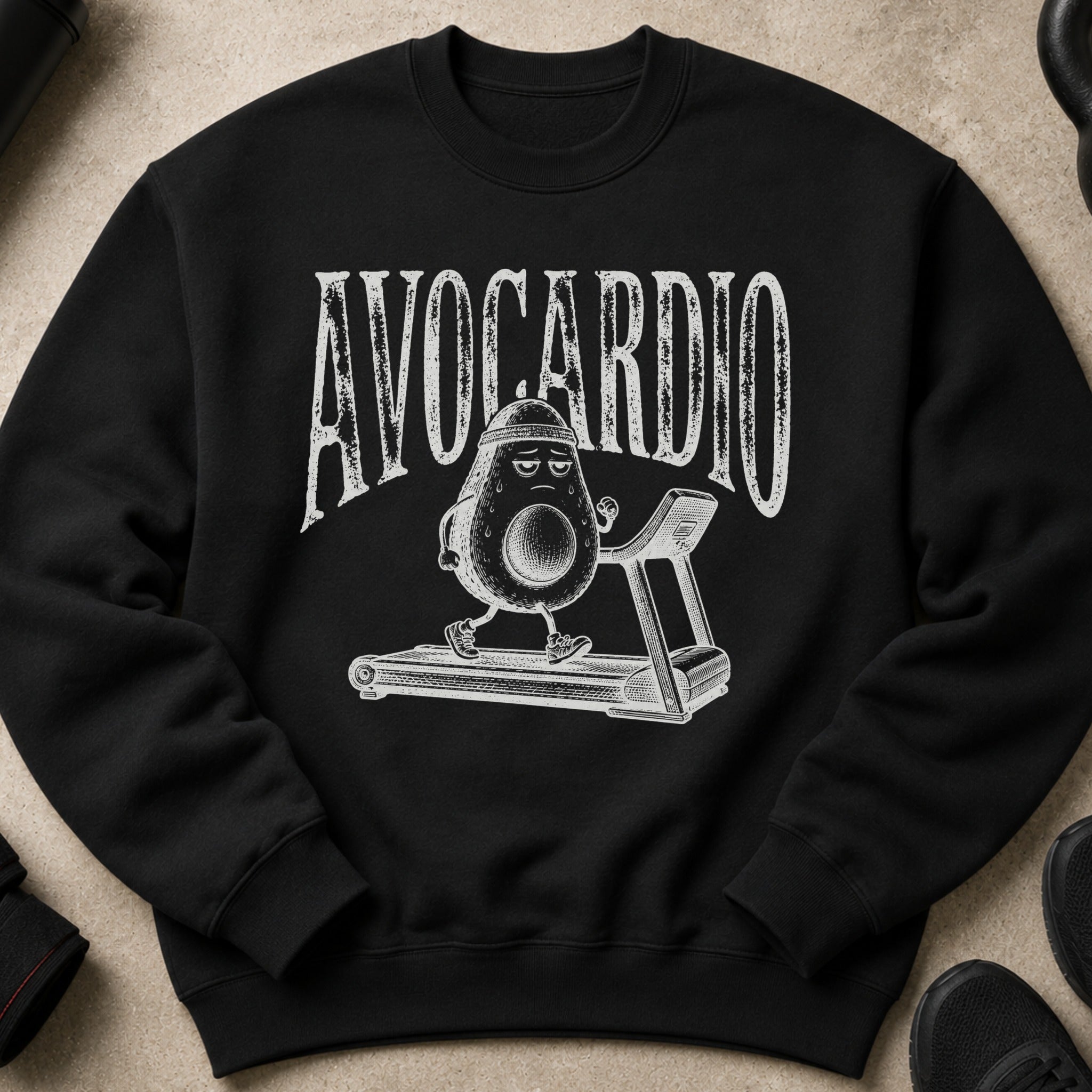Black sweatshirt with "AVOCARDIO" text and avocado character running on treadmill.