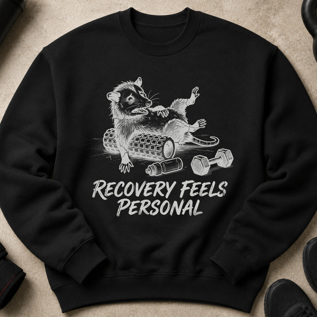 Black sweatshirt with a cartoon opossum relaxing on workout equipment and text.