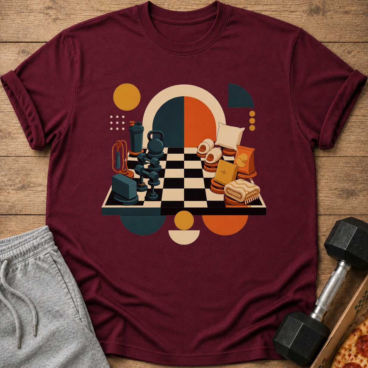 Maroon t-shirt with a graphic of chess pieces and gym equipment on a board.