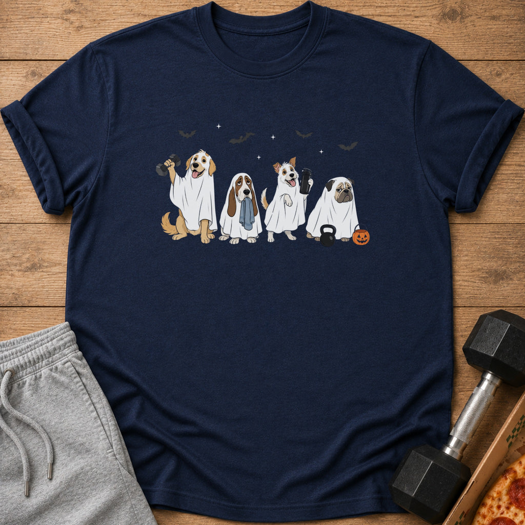 Dogs in ghost costumes with dumbbells, a kettlebell, and a pumpkin.