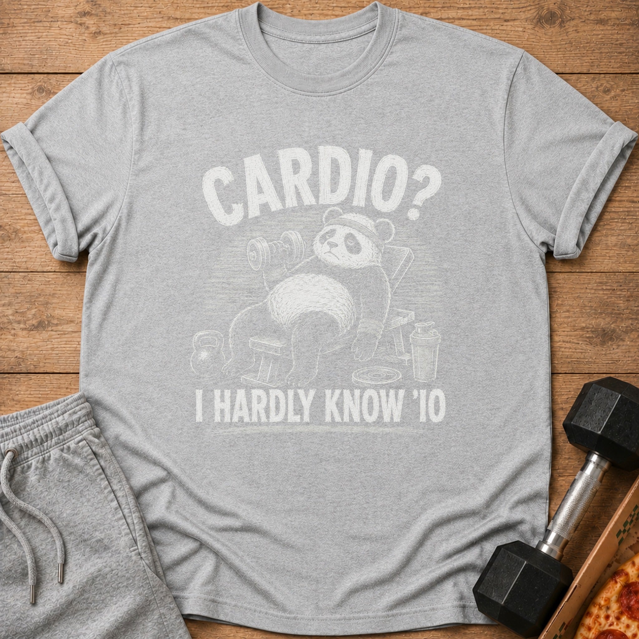 Grey t-shirt with panda on bench press, "Cardio? I Hardly Know '10" text.