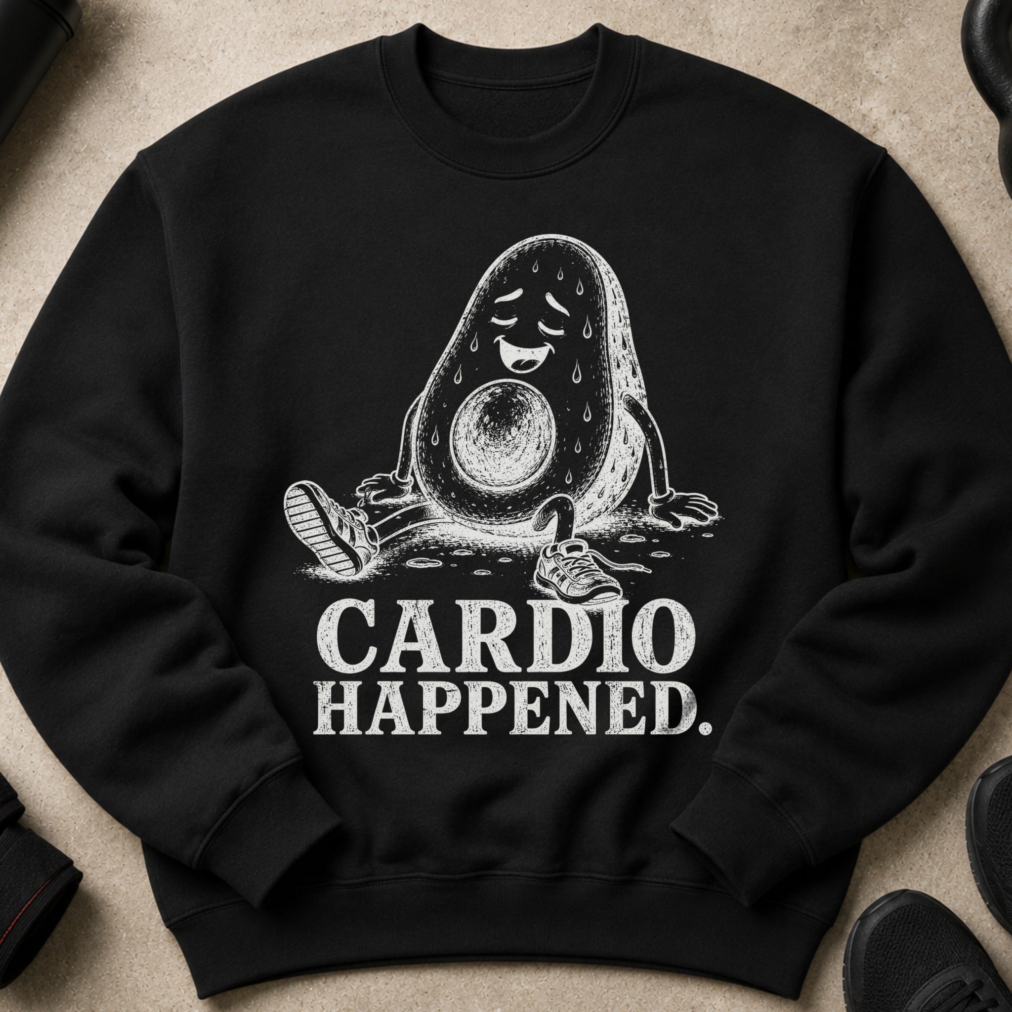 Black sweatshirt with distressed graphic of a sweaty, tired avocado and text "CARDIO HAPPENED."