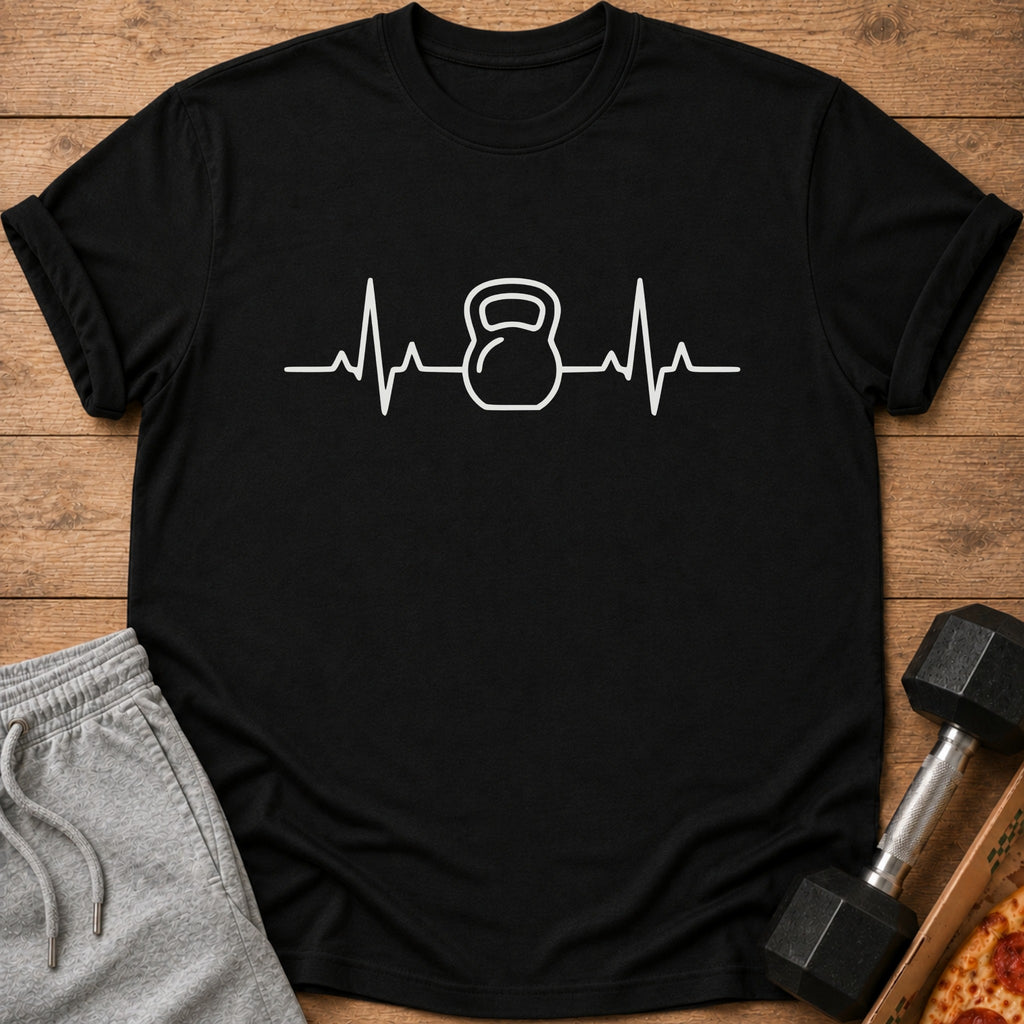 Black t-shirt with white kettlebell heartbeat graphic.