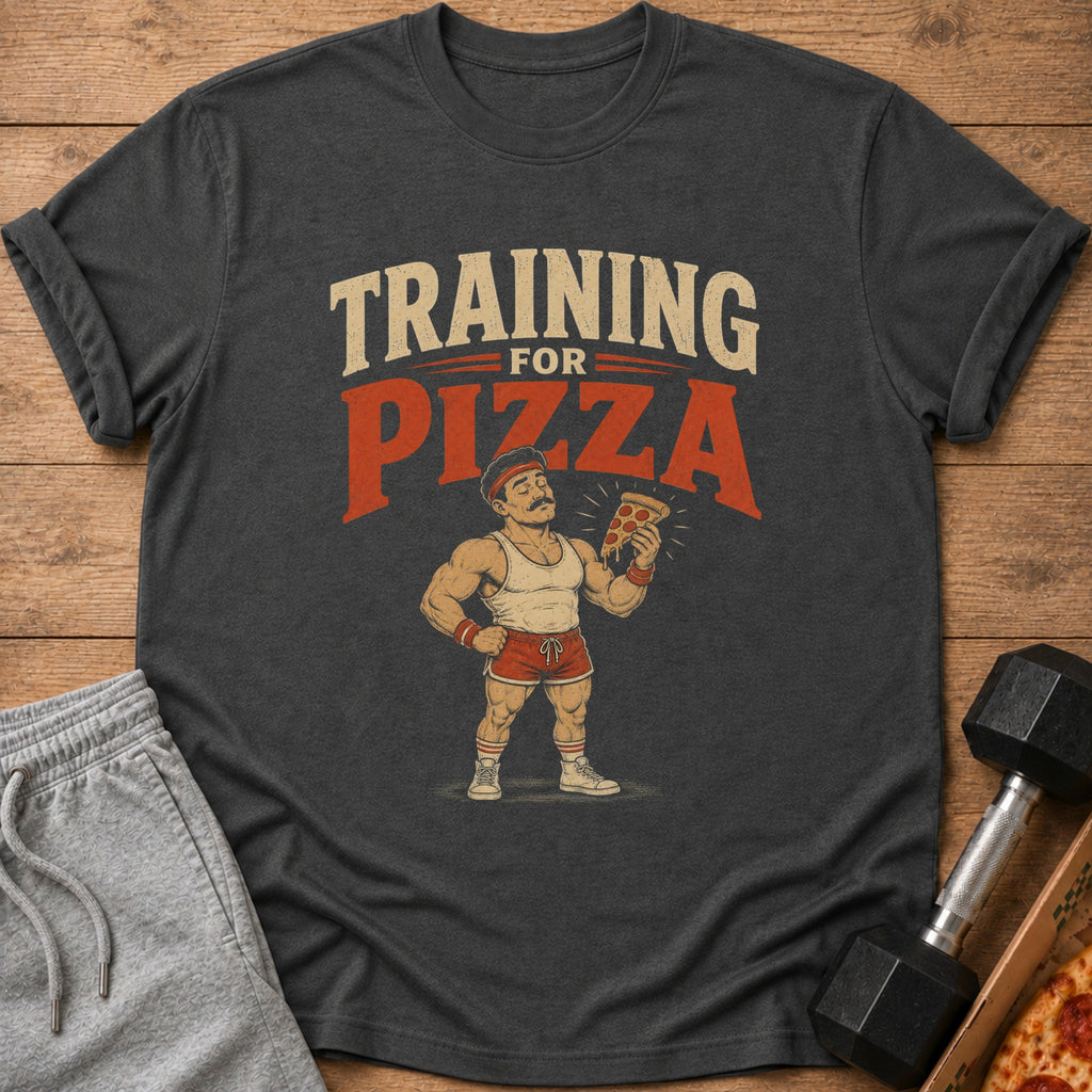 Dark gray t-shirt with "TRAINING FOR PIZZA" text and muscular cartoon man holding pizza.