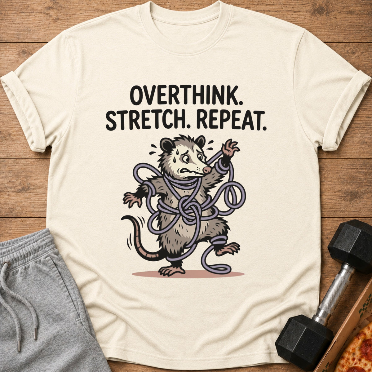 Overthink. Stretch. Repeat. graphic on a cream t-shirt with a tangled possum.