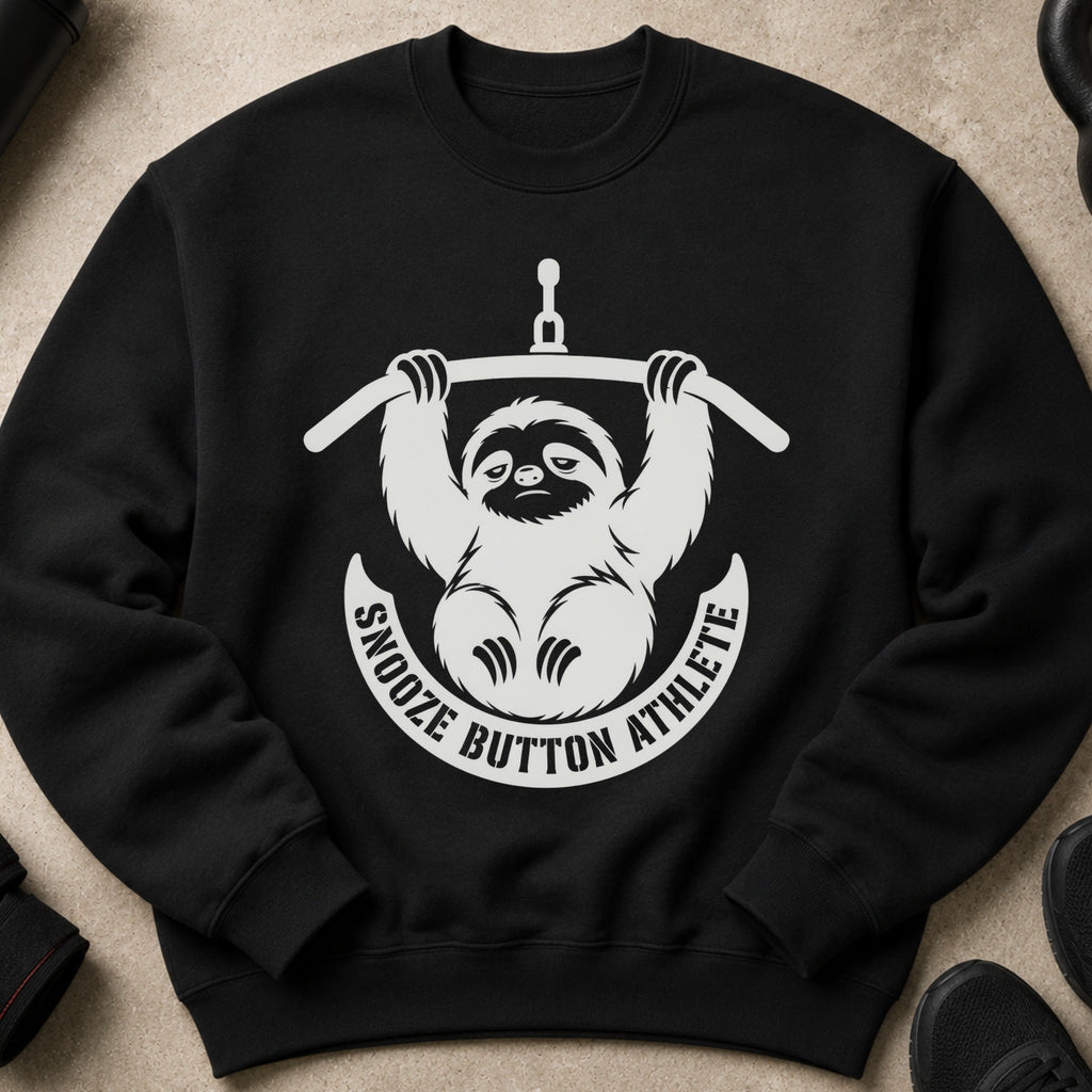 Black sweatshirt with white graphic text "Snooze Button Athlete" and a tired sloth.
