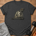 Dark gray t-shirt with treadmill graphic, dumbbells, and pizza.
