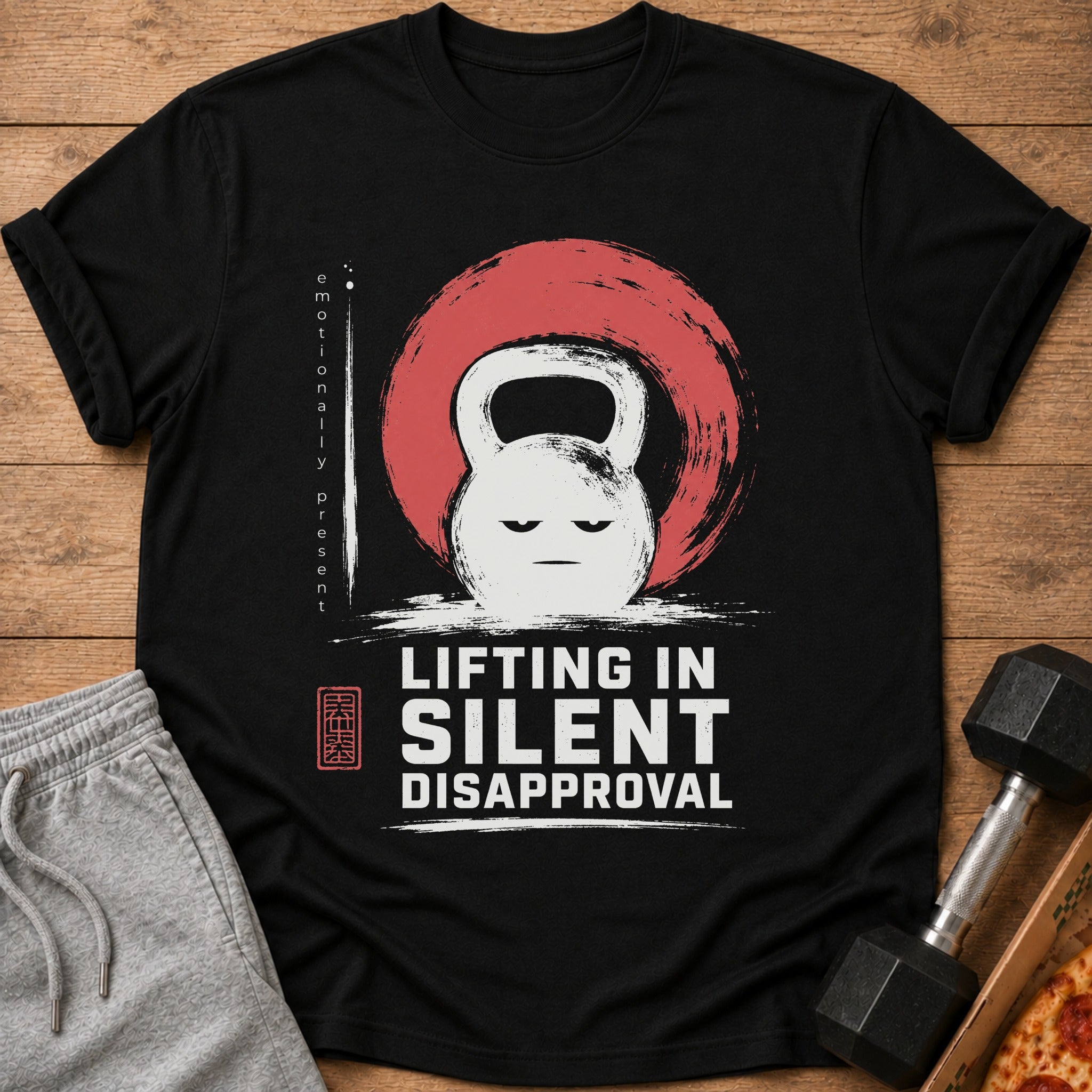 Black t-shirt with a grumpy kettlebell graphic and text "LIFTING IN SILENT DISAPPROVAL".