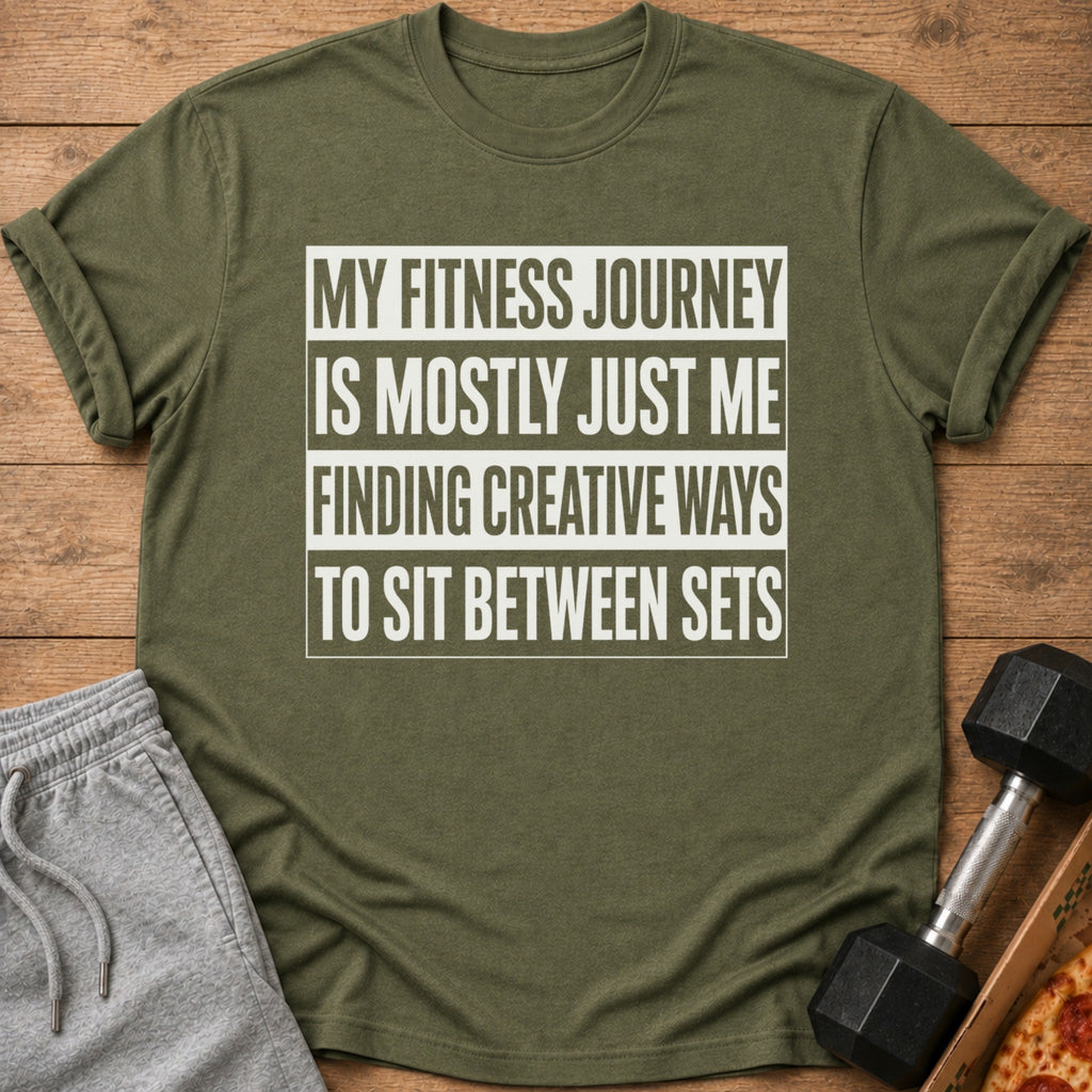 Olive green t-shirt with text "My fitness journey is mostly just me finding creative ways to sit between sets."