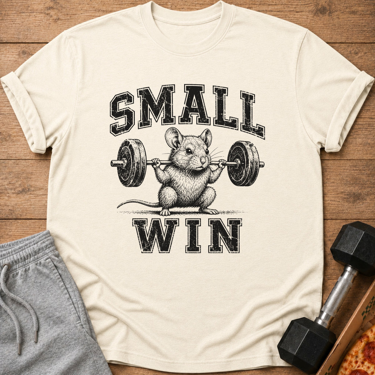 T-shirt with text "SMALL WIN" and drawing of a mouse lifting a barbell.