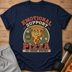 Navy t-shirt with cartoon pizza lifting weight, reads "Emotional Support Pizza"