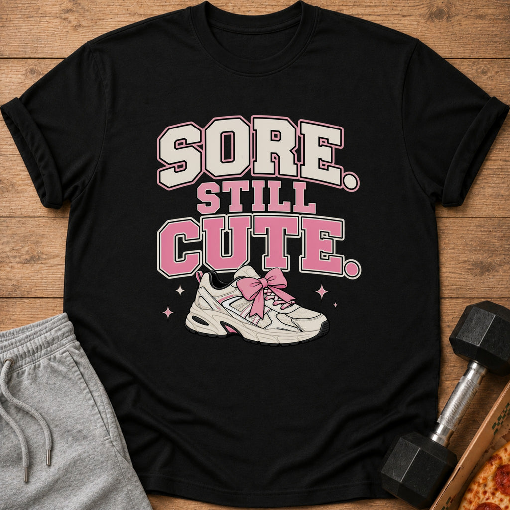 Black t-shirt with text "SORE STILL CUTE" and a sneaker with a pink bow.