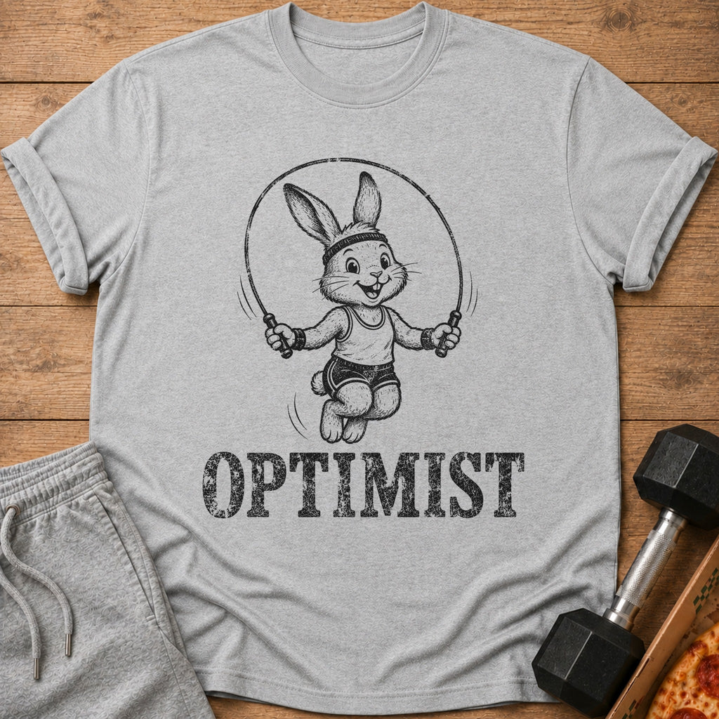 Grey t-shirt with a graphic of a rabbit jumping rope and the word OPTIMIST.