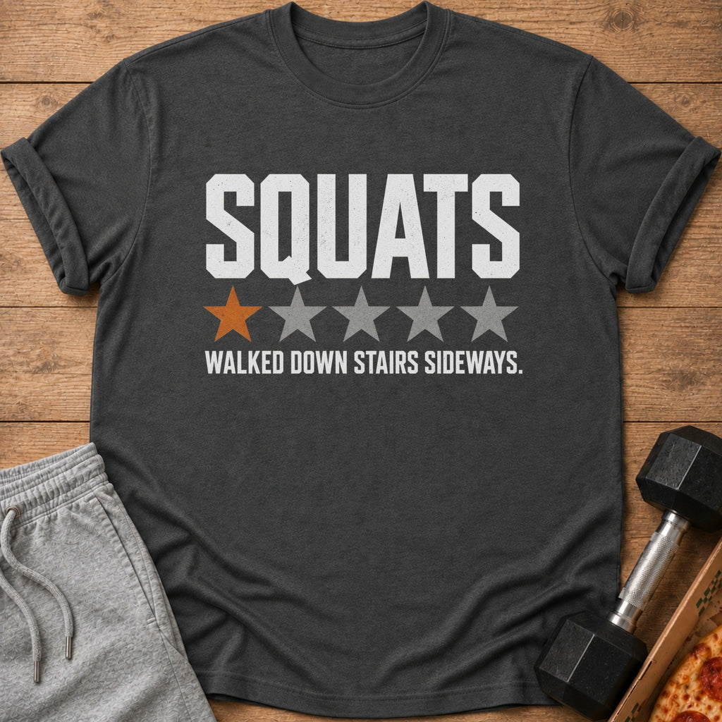 Dark grey t-shirt with white text "SQUATS" and a star rating below.