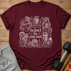 Maroon t-shirt with white line art of animals and text "respect the snack pack".